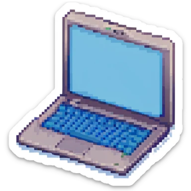 pixel art style laptop, open, showing a blue screen, blocky and retro sticker