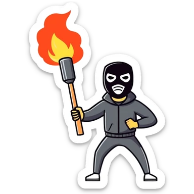 man with a black mask like a thief holding dynamite in his hand, exaggerated expression sticker