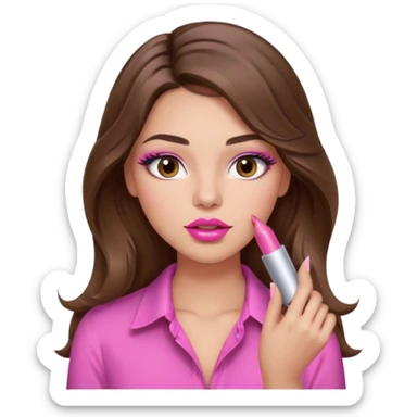 girl with long wavy brown hair, brown eyes, light to medium complexion, in a pink sexy shirt, pink lips, long lashes, puckered lips, putting on lipstick sticker