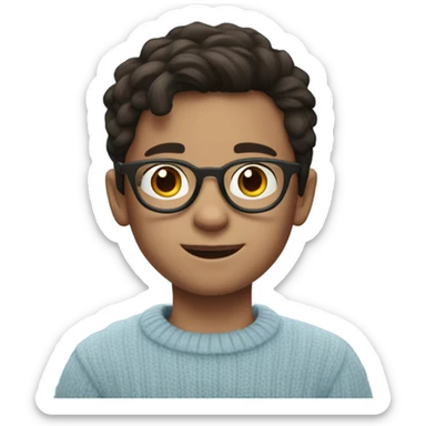 A little boy that is about 10 years old, wearing circular glasses and dark brown hair and a light blue sweater sticker