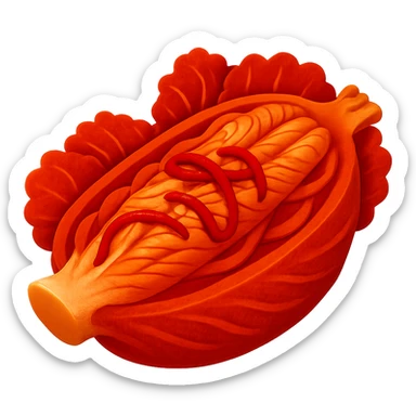 Make sure all cabbage leaves are evenly and richly coated with red chili seasoning, with no green left visible. Keep the emoji style but emphasize it more with round, simple shapes and vivid colors. No face on the cabbage. Remove the background completely. sticker