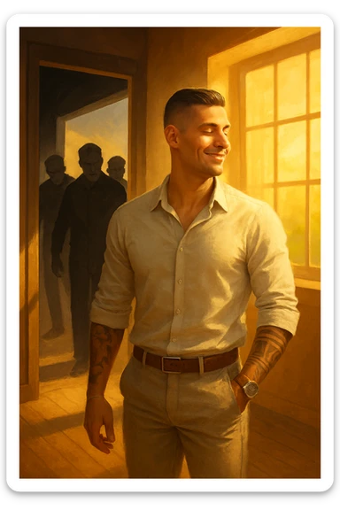 a man stands confidently in a sunlit room, facing away from a group of dark, shadowy figures with harsh or angry expressions who are walking out the door. The man’s posture is upright and relaxed, his face calm and relieved. Warm light fills the space, symbolizing his newfound peace and positivity. sticker