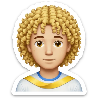 Make me an emoji that has a guy with a white shirt and yellow tape around the shirt with brown and blue spots hair make the hair curly make the yellow tape go around it sticker