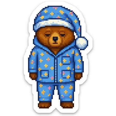 Add a nightcap to the sleepy bear in pajamas in pixel art style. The style should resemble pixel art with clear pixelated details and colors. sticker