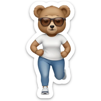 friendly anthropomorphised female bear in jeans and a t-shirt, wearing dark sunglasses, jogging upright in standard pose sticker