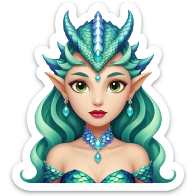 Am amazing blend of a half dragon woman with glittering jeweled scales covering her body. She has large almond shaped eyes, lush lips, and she wears a stunning luminescent gown. sticker