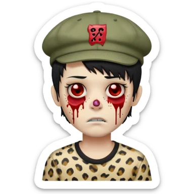 Zombie Boy with black hair and a little blood on his face and sleepy eyes and a cap that has the phrase #jimmy written on it , and a shirt with cheetah texture emoji emo sticker