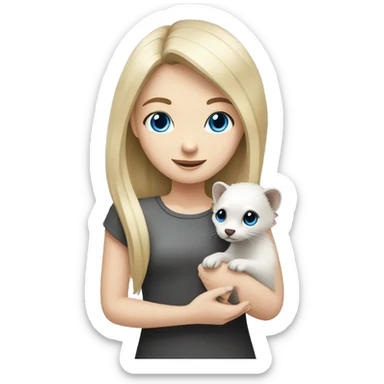Blonde girl with blue eyes holding in hands a ferret grey and white colour with black eyes sticker
