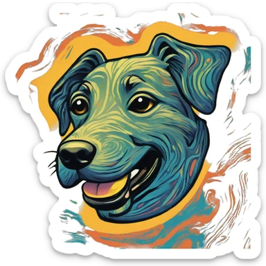 Abstract quirky funky made of different shapes dog running and squiggles linocut multicoloured illustrations  sticker