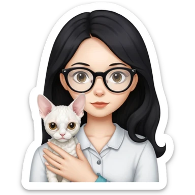A girl with long black hair and glasses is holding a white Devon Rex sticker