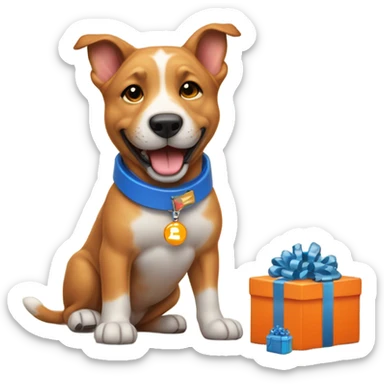 happy cute american stafford with simple blue collar with orange pendant from half side perspective with many presents and gifts around him sticker