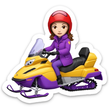Brown hair Woman wearing red coat  on purple and yellow snowmobile sticker