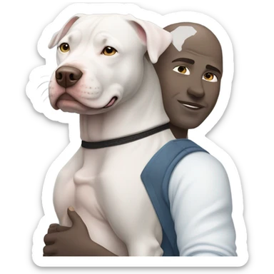 bald white man with blue eyes hugging fully grey pit bull sticker