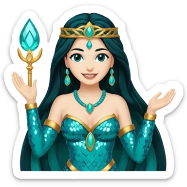 Salacia, Goddess of Hearth from Gods and Goddesses with long black hair, teal sequin outfit sticker