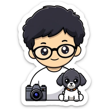 A little boy with straight black medium-length hair, white skin, and black eyes wearing black-framed glasses is taking photos on a UFO with a camera. Beside him, there is an alien and a brown round-headed teddie poodle. sticker