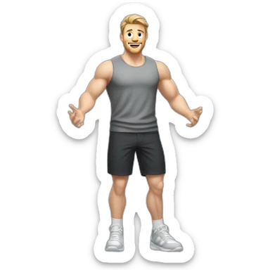Full height Actively gesturing with hands Pale skinned Fit Man With the biceps and light brown hair with Bristle in dark gray Sleeveless Mike, black oversize sports shorts and white Sneakers sticker