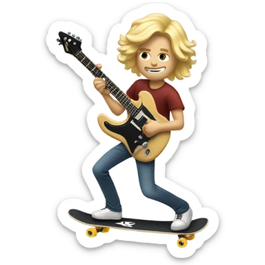 Man with shoulder length blonde hair riding skateboard whilst playing guitar sticker