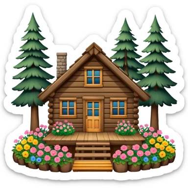 cabin in the woods, surrounded by pines, with flowers around sticker