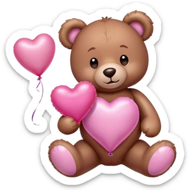 Adorable Plush brown teddy bear holding an inflatable metallic pink heart-shaped balloon in his paw and love letter of the color pink sticker