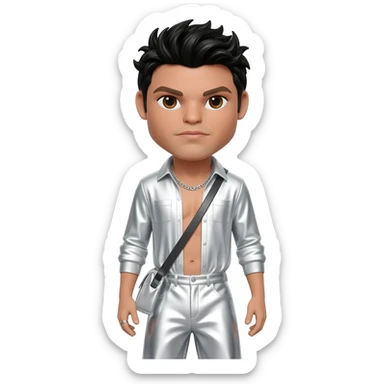 AJ McLean from Backstreet Boys with brown eyes, black hair, white metallic shirt, white metallic baggy pants, silver necklace sticker