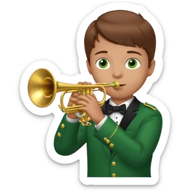 young boy with brown hair, green eyes who plays a trumpet sticker