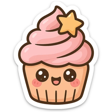 a cute pink cupcake with a star accent, original design, big eyes, blushing cheeks, joyful sticker