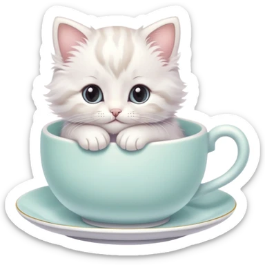 cute kitten curled up in a teacup sticker