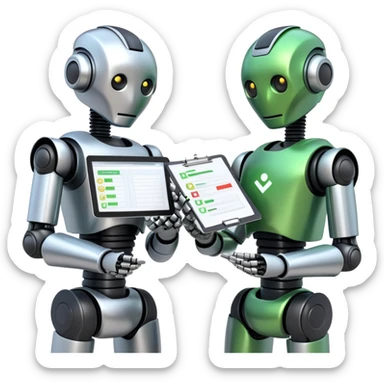 two robot upper bodies, one is checking another robot's work with a checklist and a green checkbox sticker