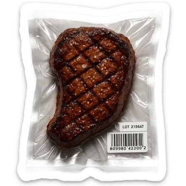 grilled steak with scattered small sparkling crystals, glossy, vacuum-sealed style sticker
