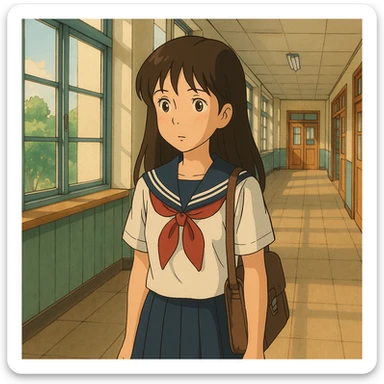 anime school girl in school setting, ghibli style sticker