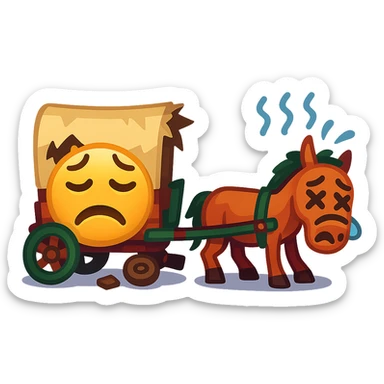 Make the horse cart look broken and add funny, exaggerated emoji expressions to the horse and cart. Keep the style consistent. The style is emoji style. Keep the background transparent. sticker