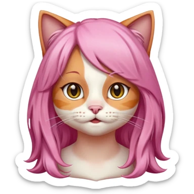 calico cat wear long pink hair wig sticker