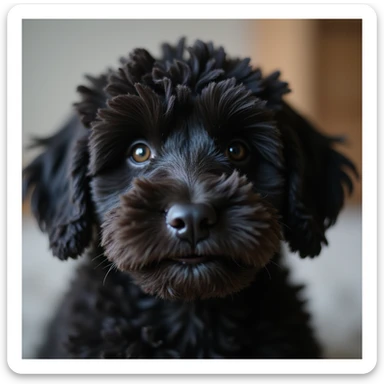 close-up portrait of a photorealistic black doodle dog with curly fur, accurate details, soft blurred background sticker