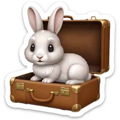 A curious rabbit nudging a tiny suitcase with its nose sticker
