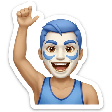 A man with half-blue, half-white face paint, shouting proudly while cheering sticker