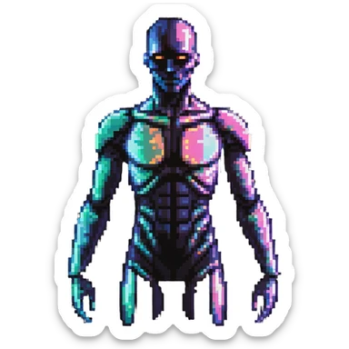 Pixelated future human with neon highlights, tech-enhanced body, and holographic elements sticker