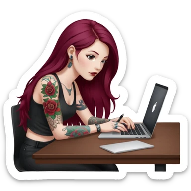 Realistic Macbook pro, side view of female, long burgundy hair, pale skin, with tattoos, graphic designer, sitting at work desk with MacBook open, still view, sticker