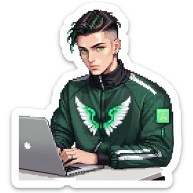 male with dark hair, wearing a black palm angels tracksuit, high fade haircut, slick back hairstyle, green eyes, green aura, coding on black laptop sticker