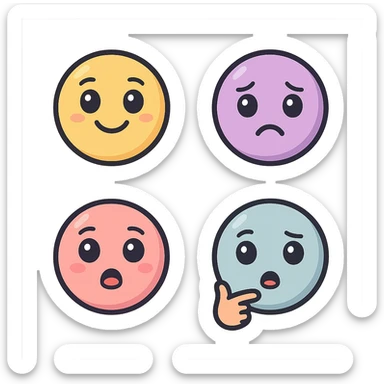 cute emoji faces on one sheet: smiling, sad, thoughtful, shocked, with more detailed eyes and mouths, expressive features, vector look with shadows and highlights, detailed shading, thin clean outlines, soft rounded features, pastel palette #98B5BC #B5B3C1 #C9A3C9 #E4C0CA #F7DCD1 #F7C0AA, Japanese pop art, sticker look, highly detailed, transparent background sticker