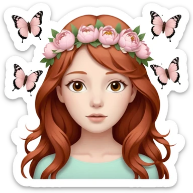 Woman with long flowing auburn hair wearing a pastel flower crown with pale pastel pink peonies and cream colored roses and butterflies in it sticker
