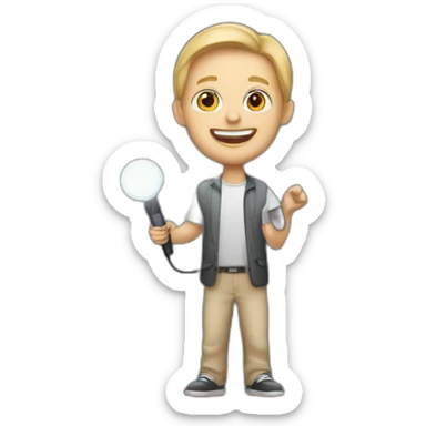 white light skin man person standing in a theater with red curtains standing on elevated stage holding a microphone smiling with light hair sticker