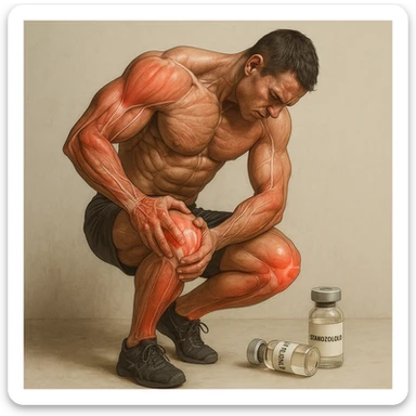 realistic and anatomical crossfit athlete showing joint pain throughout the body; detailed muscles and joints; vials labeled 'Stanozololo' nearby; natural lighting; neutral background sticker