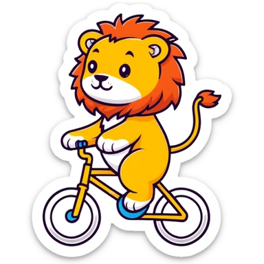 lion riding a bike, cartoon sticker style sticker