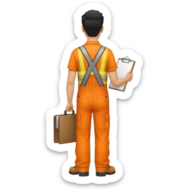 Indian male railway engineer orange overalls, boots holding a clipboard back view sticker