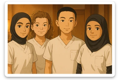 Four nursing students standing side by side in a warm indoor ambiance, wearing white short-sleeved uniform tops without collars or undershirts, forearms bare, no stethoscopes. The tops are medical tunics with V-necks and a chest pocket on the left side, in Ghibli style. sticker