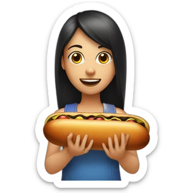 girl holding large black hotdog near mouth sticker