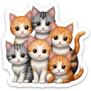 6 tiny kittens cuddling together all different colours, the first one is grey and white, the second is ginger and white and the third is brown tabby and white sticker