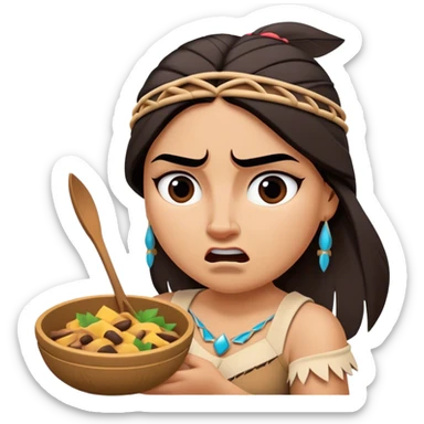 Cinematic Funny Pocahontas Portrait Emoji, Looking bewildered as Meeko steals her food, one brow raised in playful frustration, a warrior princess caught in a hilariously relatable moment, wild yet endearing! sticker