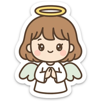 adorable brown haired girl with bangs and lashes, dressed as an angel, white robe, golden halo, sweet expression sticker
