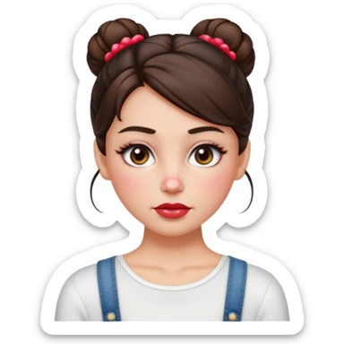 “Emoji brunette girl hair in bun white top, dewy skin, heavy blush across cheeks and nose bridge, glossy cherry lips, soft eyeliner, teary sparkling eyes like hanni from new jeans sticker